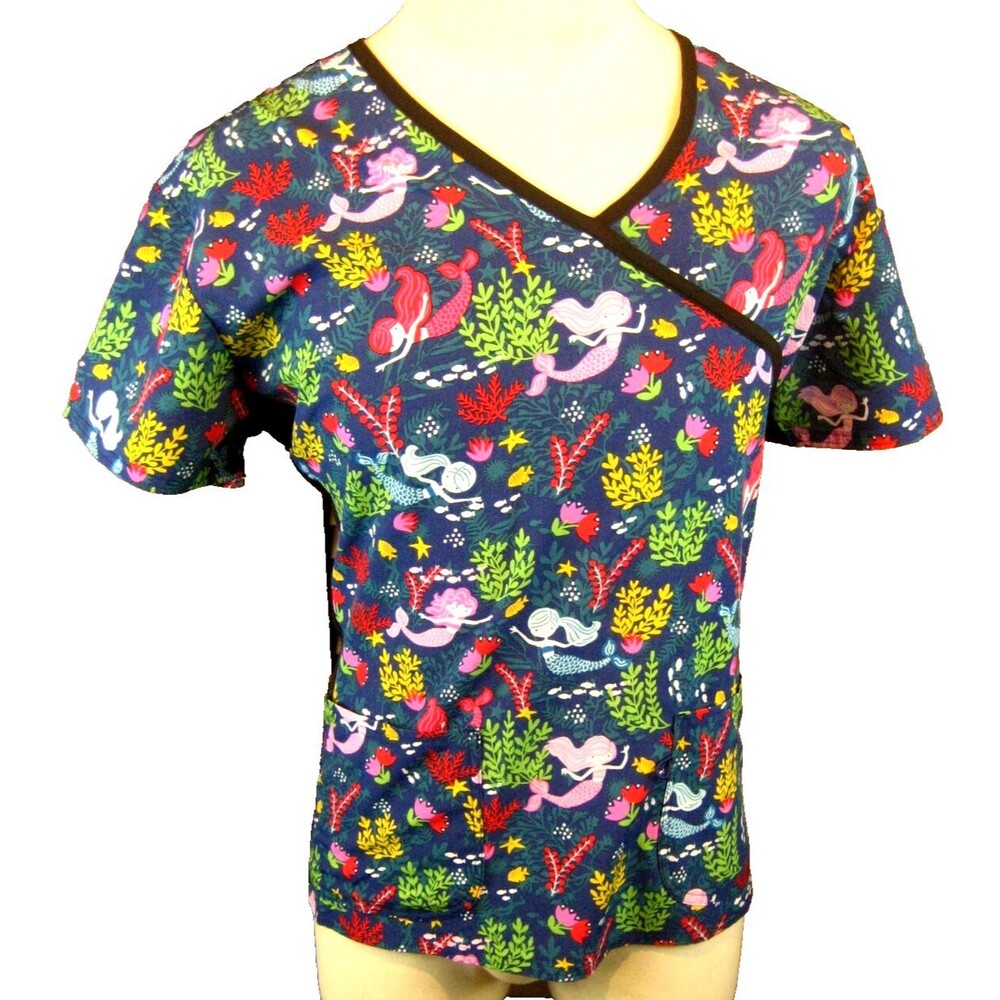Womens Divine Stretch Blue SS Cotton/Spandex Medical Pullover Scrub Top sz XL